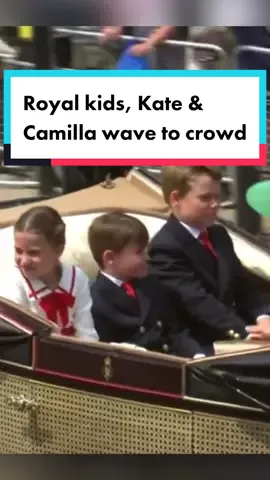 The three royal kids, Kate Middleton and Queen Camilla all wave to crowds at Trooping the Colour #royalfamily #royal #troopingthecolour #princesscharlotte #princelouis #princegeorge #katemiddleton #queencamilla 