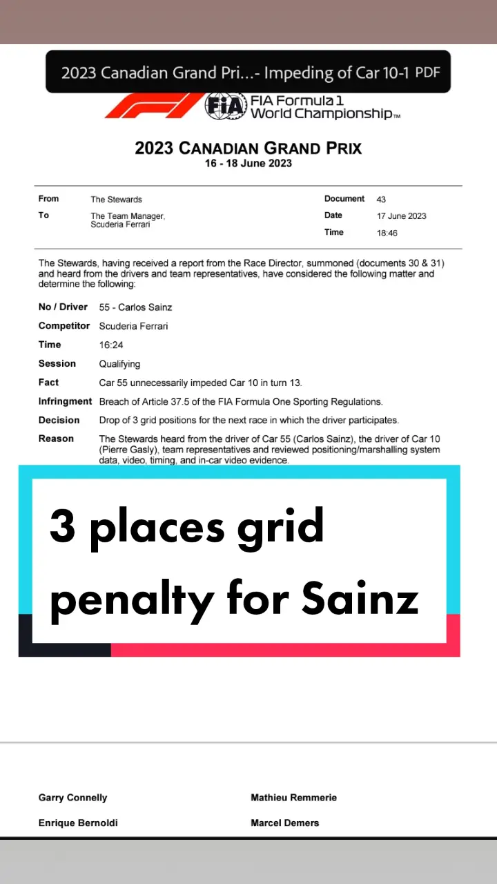 Sainz just got his 2 places grid penalty. Another investigations with Tsunoda, Stroll, Hülkenberg, are in progress. #f1 #f1news #f1tiktok #formulaone #f1canadagp #f1fyp #canadagp #montrealgp2023 #montrealgp #f1fyp #formeleins #formulaonefans #f1fans #carlossainz55 #pierregasly #pg10 #pierregasly10 #sainz55 #gridpenalty #f1drivers 