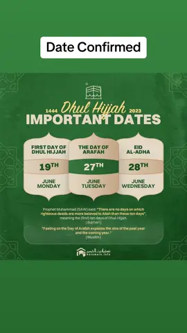 ⚠️ NEWS | The crescent moon for the month of Dhul Hijjah has been sighted in Saudi Arabia. Source: Haramain key dates: - Monday 19th June 2023: 1st Dhul Hijjah 1444 - Tuesday 27th June 2023: Day of 'Arafah - Wednesday 28th June 2023: Day of 'Eid Tomorrow marks the beginning of this blessed month, a time of immense spiritual significance for Muslims worldwide. Let us embark on a journey of reflection, worship, and self-improvement during these sacred days. As we prepare for the upcoming Hajj pilgrimage and the commemoration of Eid al-Adha, let us remember the profound lessons embedded in this month: 1️⃣ Divine Blessings: Dhul Hijjah is filled with divine blessings and an opportunity to earn immense rewards through acts of worship, charity, and good deeds. 2️⃣ Hajj Pilgrimage: The annual Hajj pilgrimage reminds us of the unity, equality, and diversity of the global Muslim community. It symbolises the profound connection between humanity and the House of Allah. 3️⃣ Sacrifice and Generosity: Eid al-Adha teaches us the value of sacrifice and generosity as we commemorate the story of Prophet Ibrahim’s AS willingness to sacrifice his son for the sake of Allah. 4️⃣ Spiritual Reflection: Use this month to reflect on your relationship with Allah, seek forgiveness, and strive for self-improvement. May our hearts be filled with gratitude, peace, and devotion. 🌙💫 Share & Remind ✅  . . . #muslimslifenet  #DhulHijjah #BlessedMonth #HajjPilgrimage #EidAlAdha #SacredDays #DivineBlessings #ActsOfWorship #Charity #SelfImprovement #UnityInFaith #HouseOfAllah #SacrificeAndGenerosity #SpiritualReflection #SeekForgiveness #Gratitude #PeaceAndDevotion #IslamicTraditions #MuslimCommunity #JourneyOfFaith #⬤ #zulhijjah 