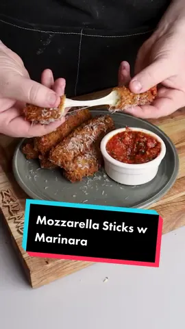 One of my favorite appetizers, but homemade Mozzarella Sticks are just so much better  Ingredients: Cheese Sticks  10 Cheese Sticks  2 cups flour  1 tbsp onion powder  1 tbsp garlic powder  Salt and pepper  2 cups Italian breadcrumbs  2 tbsp dried oregano  2 tbsp dried parsley  1/2 cup pre grated Parmesan  Marinara Sauce  6 cloves garlic  1 28 oz can of tomatoes  2 tbsp olive oil  Salt and pepper  2 tbsp fresh Basil  2 tbsp fresh parsley  1 cup freshly grated Parmesan  #mozzarella #mozzarellasticks #appetizer #marinara #marinarasauce #homemade #chef #fyp 