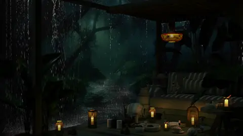 Another Cozy Porch Ambience: layin' on couch to find peaceful bliss at Midnight Rainy Storm Jungle🌧️ - Immerse yourself in the calming ambiance of rain as it washes away stress and transports you to a state of peaceful bliss. #rain #raintosleep #rainambience