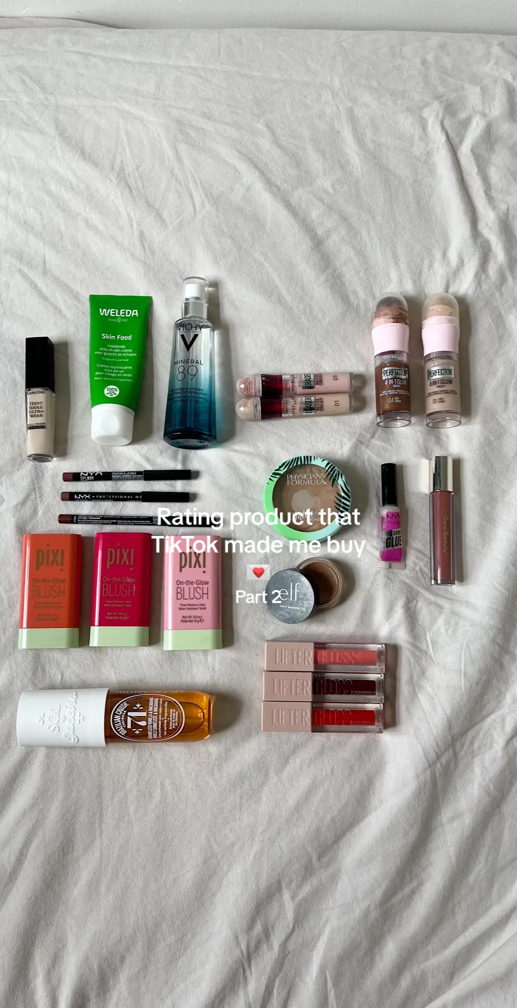 Rating product that I bought because of TikTok 💌 Part 2 #ratingproductstiktokmademebuy #ratingbeautyproducts #tiktokviralproducts #makeup #thatgirl #soldejaneiro #pixiontheglow #maybellinecandydrop #maybelline4in1glow #nyxcosmetics #weledaskinfood #nyxbrowglue #makeupaesthetic 