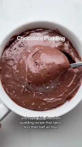 smooth, velvety chocolate pudding–recipe below!  2 large egg yolks 1/4 cup granulated white sugar 2 tablespoons corn starch  1 teaspoon vanilla extract  pinch salt 2 cups whole milk 1 cup semi-sweet chocolate chips (or use dark/milk) Makes 4 (1/2-cup) servings In a small saucepan off heat, mix to combine the egg yolks, sugar, corn starch, vanilla, and salt until the mixture is smooth and no clumps remain. Whisk in the milk. Place the saucepan over medium heat, then cook, whisking constantly and getting into the edges of the saucepan, until super thick and covers the back of a spoon. Don’t let it boil and DON’T walk away from it–the whole process happens pretty quickly and the egg can easily curdle if you’re not careful.  Remove the pudding from the heat, then whisk in the chocolate chips until melted and combined. Pour into 4 heat-proof cups, then place parchment or plastic wrap over each so that it touches the surface of the pudding (this prevents a skin from forming). Let cool slightly, then transfer the cups to the fridge to set, 30 minutes to 1 hour.  #chocolatepudding #summerrecepies #homemadechocolatepudding 