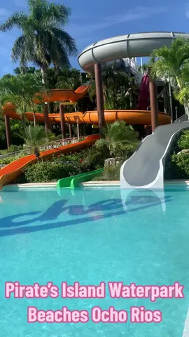 Pirate’s Island Waterpark at Beaches Ocho Rios Resort has slides for all ages, splash area, pool tables, kiddie pool, plenty of chairs, towels, life vests. Tons kf fun here! #beachesochorios #waterpark #jamiaca #familytravel #traveltok #ochorios #beachesresorts #piratesislandwaterpark #allinclusive #familyallinclusive #summervibes 
