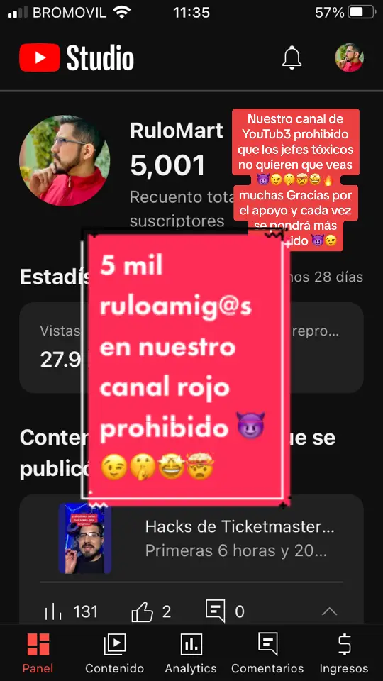 Ya somos más de 5 mil ruloamig@s en nuestro canal de YouTube @rulomart 😈😉🤯 muchas Gracias por el apoyo. Nunca pero nunca veas nuestro canal de YouTube que cada vez se pone más prohibido y los jefes, y empresas toxic@s no quieren que lo veas 😈😉🤫🤩🤯🔥🔥❤️‍🔥🤗😍 #rulomart #youtuberulomart #youtube 