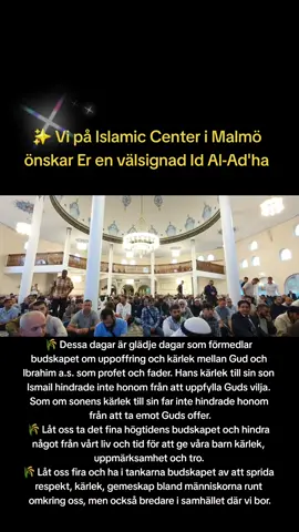 ✨️ Vi på Islamic Center i Malmö önskar Er alla en Glad och välsignad Eid al Adha!🎉 🤲 Må Gud acceptera från oss och belöna oss med det bästa!  🌾 Dessa dagar är glädje dagar som förmedlar budskapet om uppoffring och kärlek mellan Gud och Ibrahim a.s. som profet och fader. Hans kärlek till sin son Ismail hindrade inte honom från att uppfylla Guds vilja. Som om sonens kärlek till sin far inte hindrade honom från att ta emot Guds offer. 🌾 Låt oss ta det fina högtidens budskapet och hindra något från vårt liv och tid för att ge våra barn kärlek, uppmärksamhet och tro.  🌾 Låt oss fira och ha i tankarna budskapet av att sprida respekt, kärlek, gemeskap bland människorna runt omkring oss, men också bredare i samhället där vi bor.