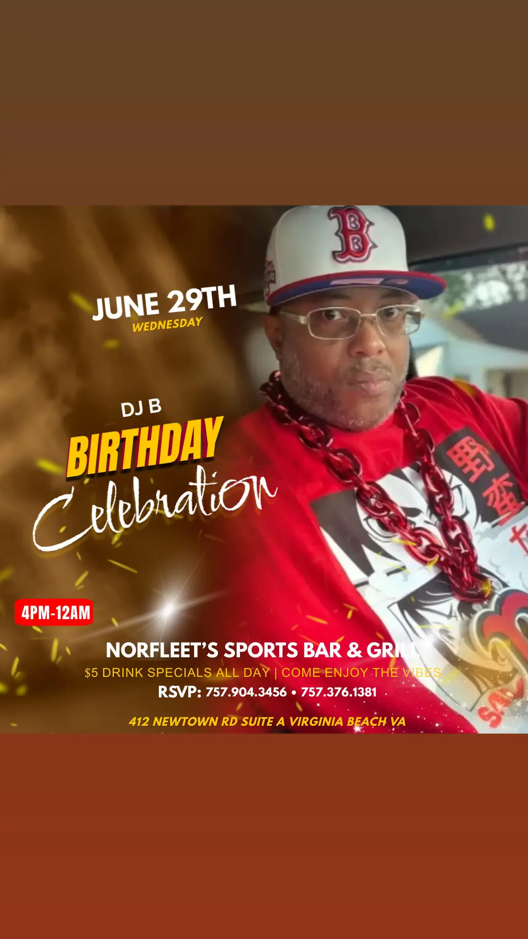 It going down tonight at NORFLEET’S Sports Bar & Grill  ITS MY BIRTHDAY BISH 412 Newtown Rd Virginia Beach  From 7:30pm til 12am Wednesday 