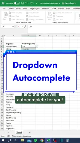Brand new Excel feature – Dropdown Autocomplete #cheatsheets #excel #exceltips #exceltutorial #googlesheets 