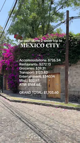 the cost of my two-week trip to CDMX 🇲🇽 as always, with my travel cost recaps, assume that each category is slightly increased due to the cash I withdrew from the ATM that is not easily trackable.  I ended up eating out at restaurants & coffee shops regularly instead of grocery shopping. I took public transport whenever I could but also took Ubers frequently.  the entertainment category is high due to the two tickets I purchased for the MLB Mexico Series ⚾️ #travel #traveltok #budgeting #finance #travelcosts #digitalnomad #solotravel #mexico #mexicocity #cdmx 