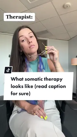 Watch AND READ CAPTION🚩🚩🚩🚩Sometimes the most challenging aspect of being a therapist isn’t *not* knowing what to say. But knowing and not saying it. It is our job to slow down. To help the clients come to their own realizations. Here’s what I would do as a somatic trained therapist after this conversation:💡💡💡💡💡💡💡💡💡💡 “It was painful for you to say that wasn’t it?” /-therapist  -wait for response. “Could you tell me what part was most painful? -therapist  -wait for response “What in your body told you that that part was the most painful?”-therapist  -wait for response.  In this example lets say the client wasn’t able to identify in their body what told them and rather said something like…  “I dont know, i just know its sad to not want to get involved with people anymore.” I would then ask- “How do you know it’s sad? What in your body told you youre feeling sad?” I might ask the client what the difference between grief and sadness is to them? I might point out that when they said “I can never really recover” they made eye contact again with me.  And ask, what was that like to tell me? What is like for you right now to hear it again? You see how i am titrating back and forth between present moment and the story- constantly asking the client to explore their body and what it is telling them.  I might ask the client to pick up their own physical cues as well as point out the ones i noticed (without interpretation, but asking so they can tell me what it means)  Like, “why do you think you threw your arms up when you said “it hurts too much”  This is one example of what a therapy session may look like. I love doing these to show that they’re not so scary and to normalize the process of talking with someone as well as give insight into how some somatic therapists work! #somatic #somatictherapy #mentalhealth 