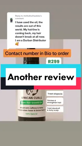 Replying to @ntohluthulihadebe Please contact Ntoh if you are in Durban and need our product.Thank you for your support #SAMA28 #alopeciaplug #alopeciatreatment #hairgrowthsouthafrica #baldspotsandpatches #regrowhairoil #fasterhairgrowthoil #africancurls #haircaresouthafrica 