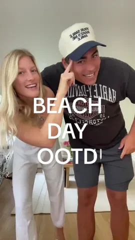 we love a sunday beach day !! also peep the coolest hats ever by @happytrailsproject !!! 🫶🏼 #beachootd #couplegoals #grwm #casualstyle #summerlooks #beachoutfit 