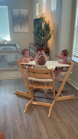 Dinner conversations. #triplets #babylaughs #dinnertime 