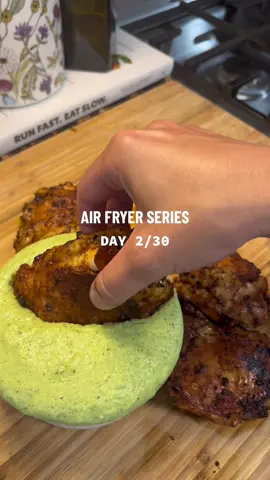 Day 2/30 Air Fryer Series                          Chicken Directions:  -4 Chicken Thighs (Bone-In, Skin)  -1 tbsp Olive Oil -1 tsp Salt -1 tsp Pepper  -1 tsp Onion Powder  -1 tsp Garlic Powder  -1 tsp Paprika -1 tsp Oregano  -2 tsp Minced Garlic 1. Marinate Chicken with the Above Spices  2. Cook in AirFryer for 22 Min at 390° Poblano Sauce:  -3 Poblano Peppers -3 Garlic Cloves  -1/2 Red Onion  -3 Green Onion  -3 tbsp Greek Yogurt  -Lime Juice  -Handful of Cilantro  1. Roast (5 minutes): Poblano, Garlic Cloves, Green Onion, Red Onion (roast on stovetop or broiler) 2. Blend Together: Greek Yogurt, Poblano, Red & Green Onion, Garlic, Lime Juice  3. Salt to your liking  Serve Chicken Thighs & Sauce together and enjoy!                                  #chickenrecipe #ninjaairfryer #airfryer #airfryerrecipes #DinnerIdeas #mealideas #healthyrecipes #EasyRecipe #easydinner #busymommeals #cooking #fyp #chickenthighsrecipes 