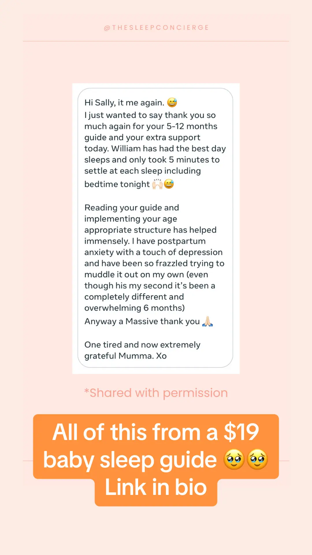 Messages like this are my why 🥹 Change your life with my $19AUD baby sleep guide. Available hia link in bio. #babysleep #SleepConsultant #TheSleepConcierge #sleeptraining #SleepHelp #BabySleepHelp #sleepregression #newparents #overnightfeeds #splitnight #fyp #catnappingbaby #babysleepguide 