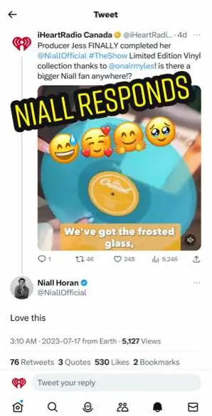 It’s a good day when @Niall Horan responds to your video on @iHeartRadio Canada! 🥹👏🏼🥰🙌🏼  #niallhoran #theshow #vinyl #niall #vinylcollection #tweets 