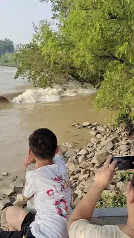 Scared, the tide watchers fled in panic. The Qiantang River spring tide traveled hundreds of miles to reach the upper reaches of the river, which was incredibly powerful#tidal #Watchthetide #Stimulate #QiantangRiver
