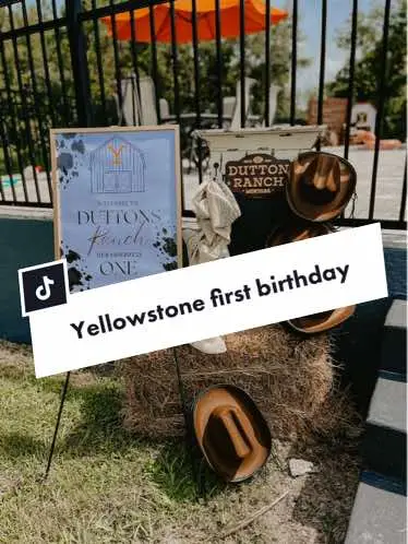 Duttons Yellowstone themed first birthday - details are linked in my bio!🤠💛 (don’t mind the balloon arch - it did look great until the sun popped most of the balloons🤣) #yellowstonetv #yellowstonefirstbirthday #firstbirthday #duttonranch #westernbirthday 