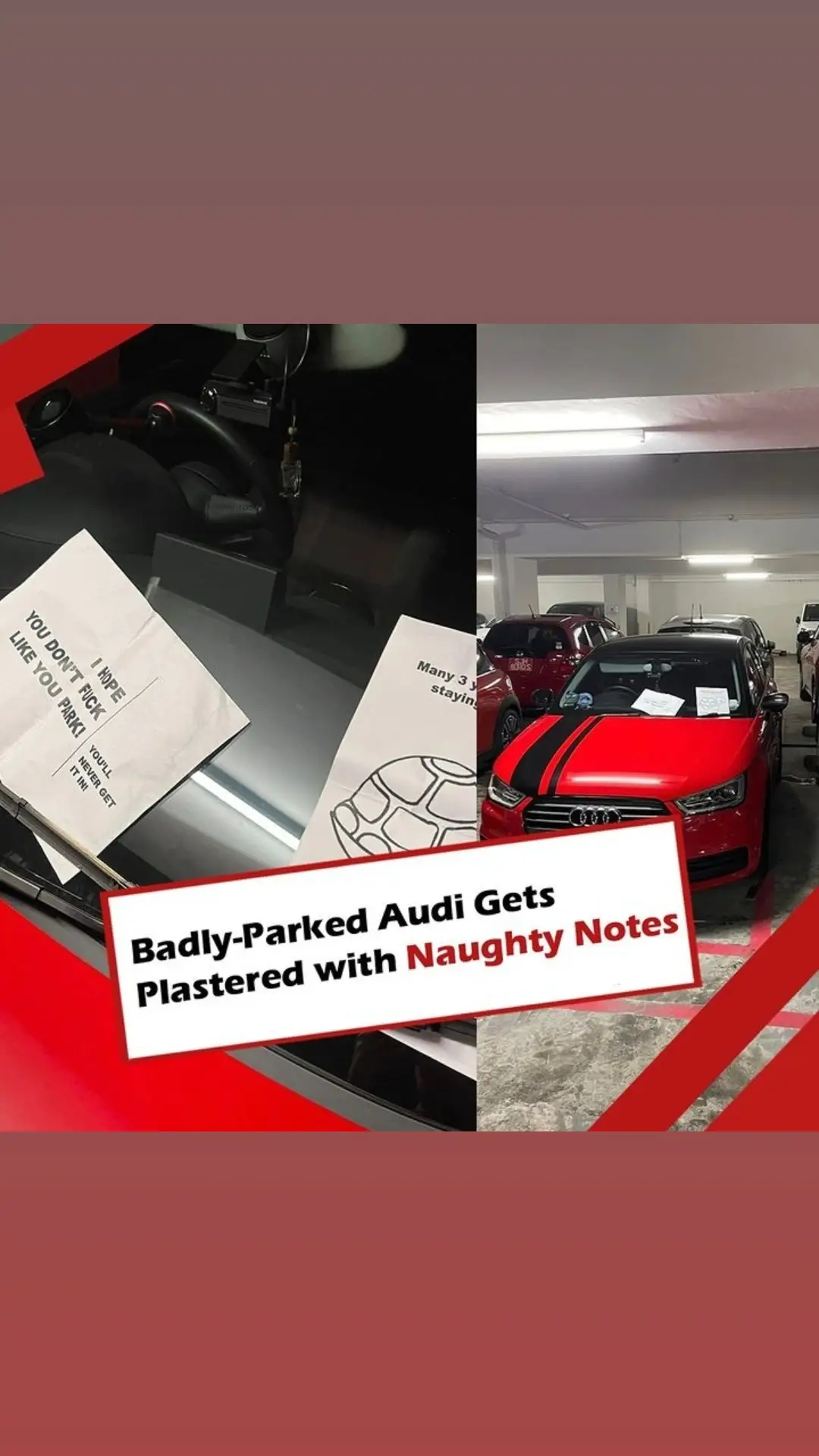 One Audi driver who couldn't take the trouble to park properly came back to find his car plastered with stickers notes insulting his eyesight to his ability to have kids! A timely reminder to park your car properly! More: https://redwiretimes.com https://facebook.com/redwiresg #singapore #recklessdrivers #siaolangsg #tiktoksg #sgviral 