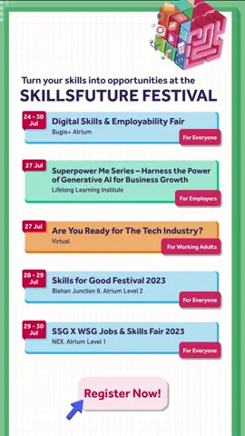 Don't miss out on this unforgettable week! 💫  Check out the full line-up at #linkinbio. #SkillsFutureFestival #SkillsFutureSG #lifelonglearning #sgtiktok