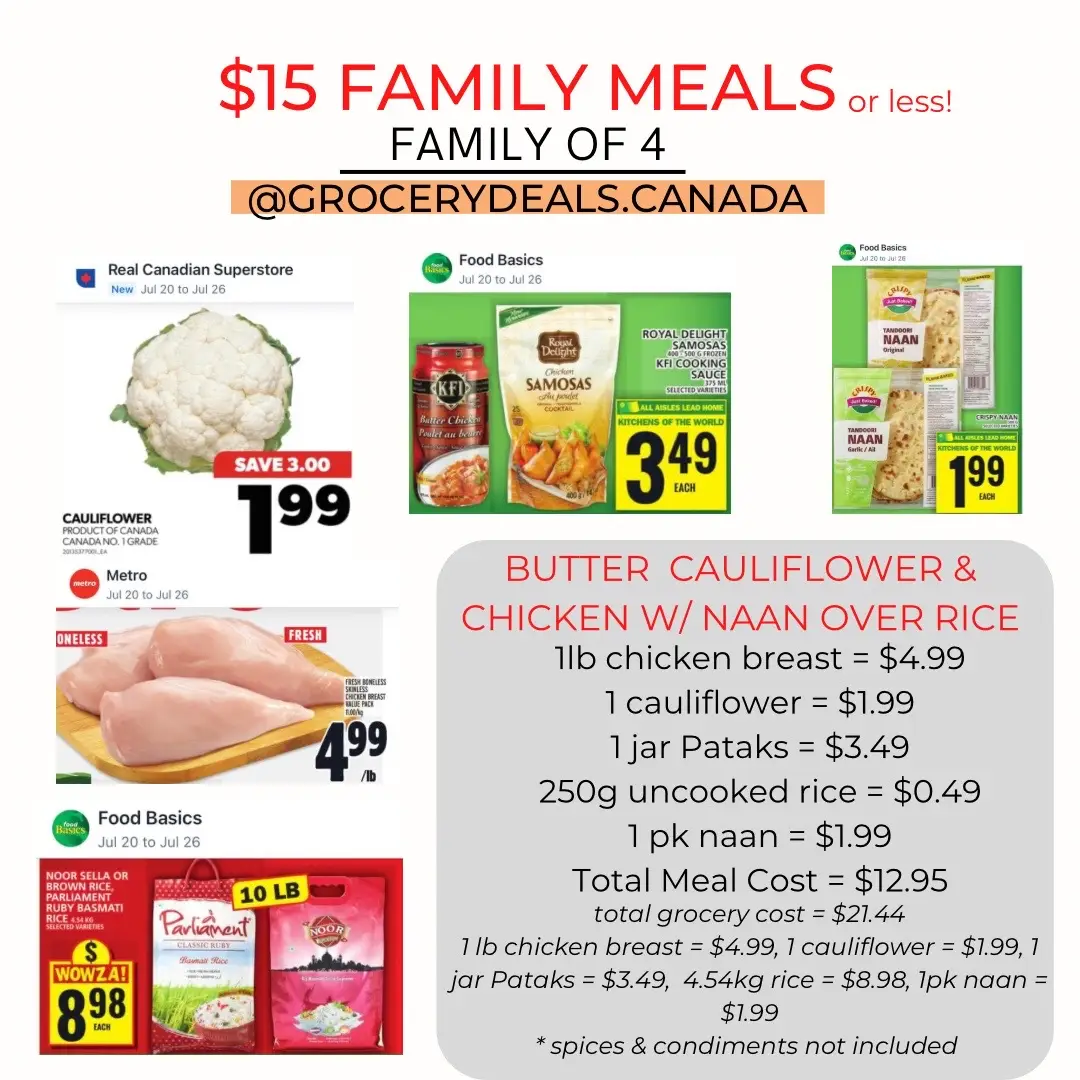 Affordable family meals for Canadians ❤️  July 20-26, 2023.  As always these posts are just *Ideas* meant to inspire you! Just making a meal plan for the week can make such a huge difference in your spending habits. Plan around what you already have on hand.  For a vegetarian mean remove chicken & add more veggies to this weeks butter curry recipe (yum!).  Reminder, price match when & where you can to save yourself time. Look in store when shopping for even better prices. Adjust for flavour, portions, and dietary preferences that work for you.  If you made it this far drop a comment & let me know what you’re making! #affordablegroceries #mealplanning #grocerybudget #foodinflation #canadiancouponer #neverpayfullprice #flyermealplan #groceries 