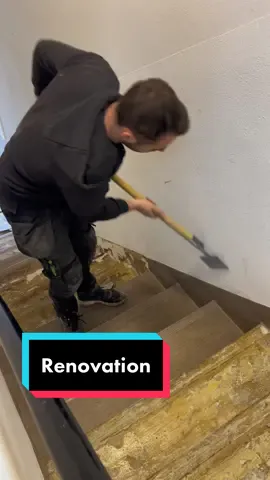 Stairs renovation ✅  #renovation #flooring #construction  removing old vinyl, grinding concrete and levelling stairs .