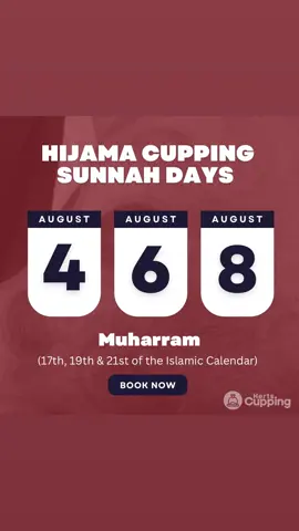 Revive the Sunnah of Hijama Cupping - August Sunnah days Let's dive into the beautiful world of Sunnah and embrace the healing art of Hijama Cupping! 🌟 According to the Prophetic tradition, the 17th, 19th, and 21st of the lunar Islamic month hold a special significance for this therapeutic practice. It's time to reconnect with this blessed tradition and experience its incredible benefits. 🙌✨ Imagine the cups gently drawing out toxins, promoting blood circulation, and revitalising your body and soul. This Sunnah therapy has been treasured for centuries, and now it's our turn to rediscover its wonders.  The Prophet (ﷺ) said, 