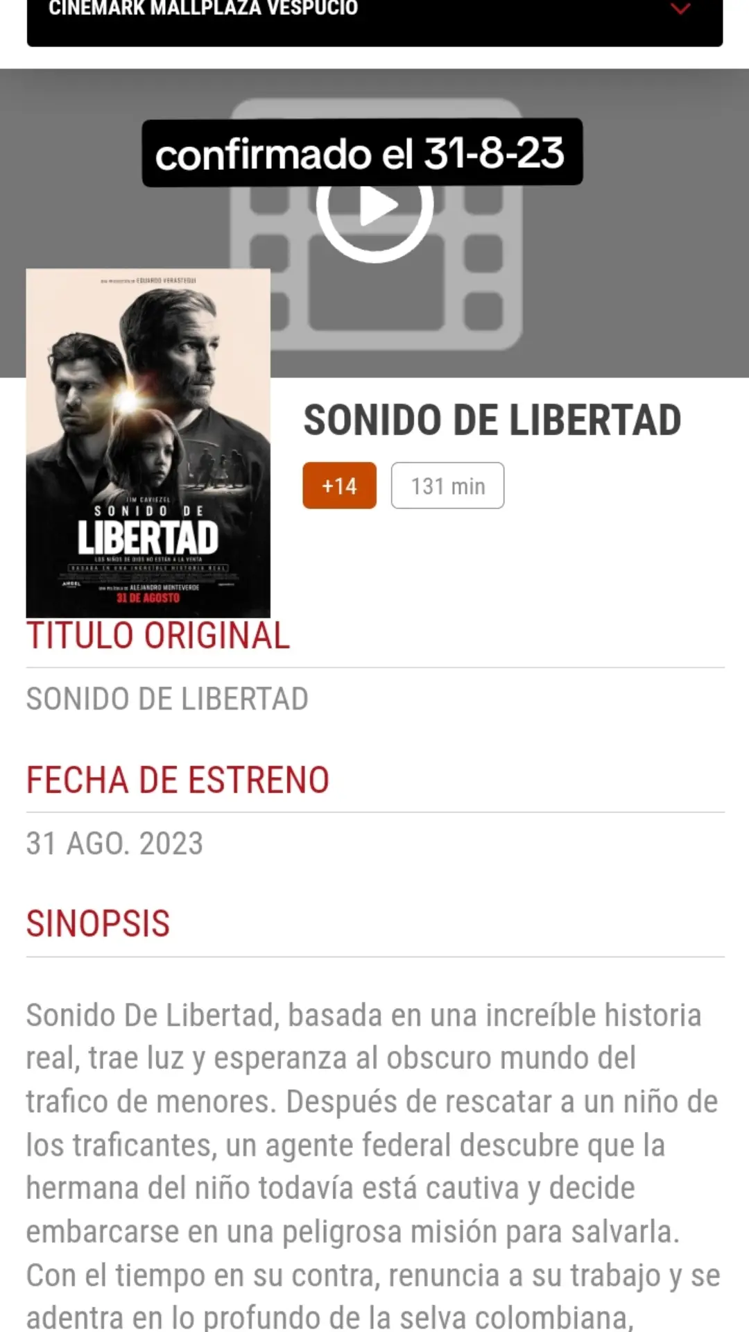 una historia 100% real de un hombre que hasta el dia de hoy arriesga todo, costo pero se logró, yo esperando el 31 de agosto, Chile #soundoffreedom #cinemarkchile #chile @Alex Argandoña986 