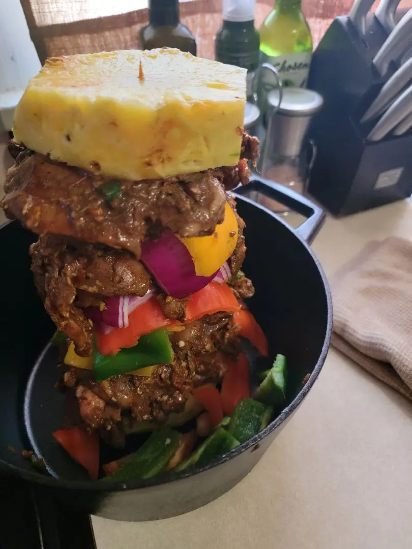 Listen... your girl likes to eat! Jerk Chicken Tower with a Pineapple, Peppers and a Red Oinion!  #JerkChicken #GirlDinner #Cooking #GetIntoIt