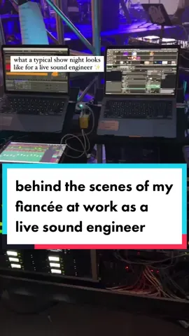 My fiancée is a touring live sound engineer (currently does monitors and playback) and this is what a typical night of work includes — and this doesn’t even include everything that happens during the day of the show hours before the performance or the days before! #soundengineer #soundengineering #soundengineerlife #audioengineer #audioengineering #backstage #behindthescenes #monitorengineer #playbackengineer 
