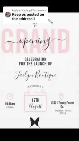 Replying to @Virabug91 Here is the info for @Jaelyn Boutique Grand Opening ☺️💕 #fyp #parati #jaelynboutique 