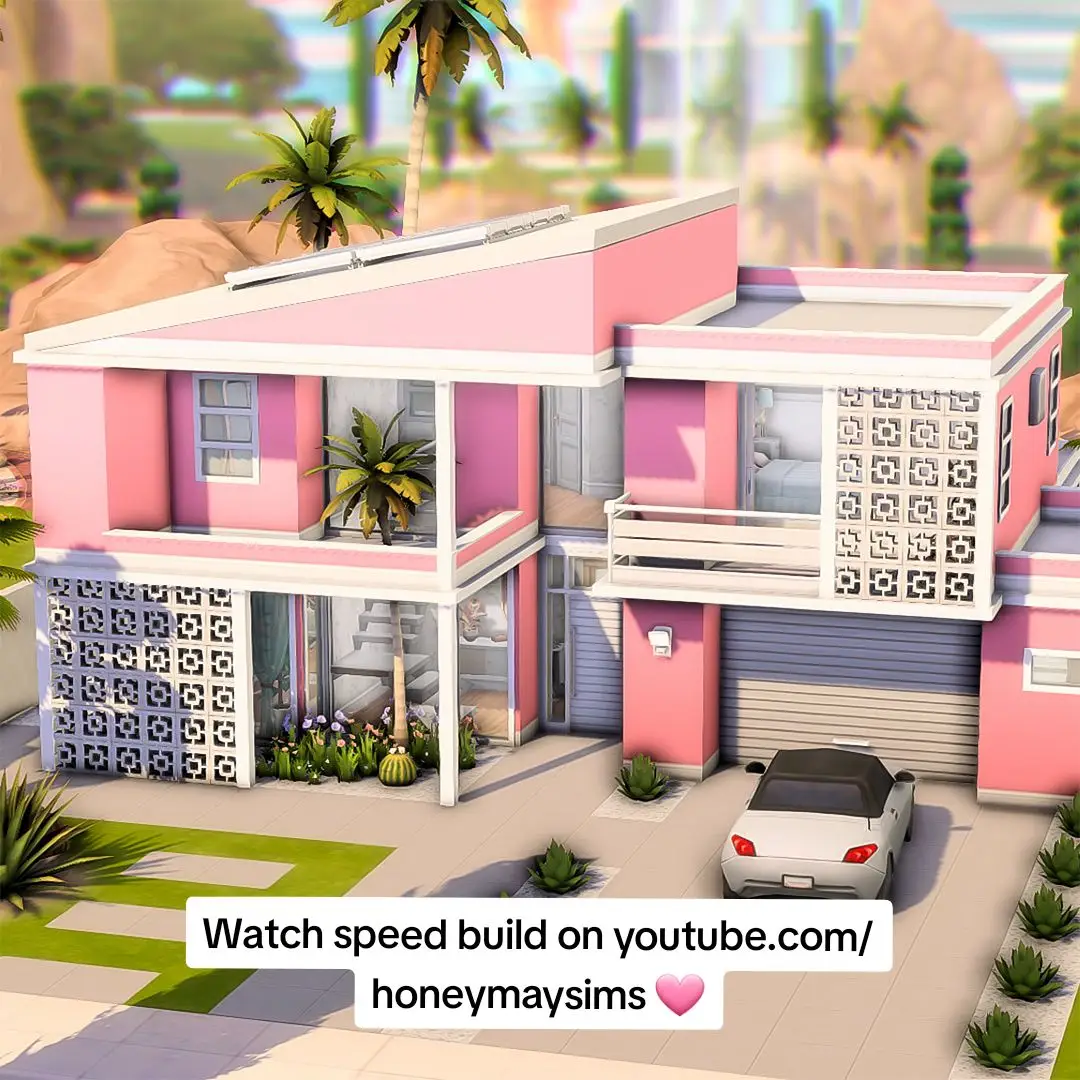 I made a Barbie-inspired Palm Springs home for the #OasisSpringsCollab 🩷 Gallery ID: honeymaysims #thesims #TheSims4 #Simstok #Sims 