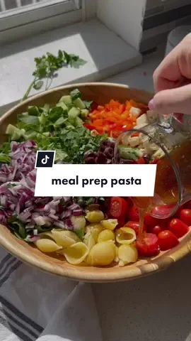 healthy girl meal prep pasta 🍅🫶🏼 i make 6 containers of this (3 for me and 3 for my husband)! Add any protein you like!  Ingredients (6 servings):  16 oz shelled pasta  2 cups halved cherry tomatoes 2 cups diced bell pepper 1 cup diced cucumber 1/2 cup diced red onion 1 cup sliced hearts of palm (use sustainably sourced) 1/2 cup chopped parsley 1/3 cup sliced kalamata olives  2 cups chopped spinach Optional: 1 can chickpeas rinsed and drained Dressing:  1/3 cup olive oil 3-4 tbsp balsamic vinegar 1 heaping tsp dijon mustard  Salt + pepper How to:  1. Make pasta then rinse with cold water. Add into a large bowl.  2. Prep and dice all veggies then add to the bowl.  3. Whisk together dressing ingredients then pour over salad. Add more dressing if you like it extra saucy!  4. Store in the fridge up to 5 days. You’ll get lots of meals out of this, bestie!  #vegan #mealprep #healthy #healthymeals 
