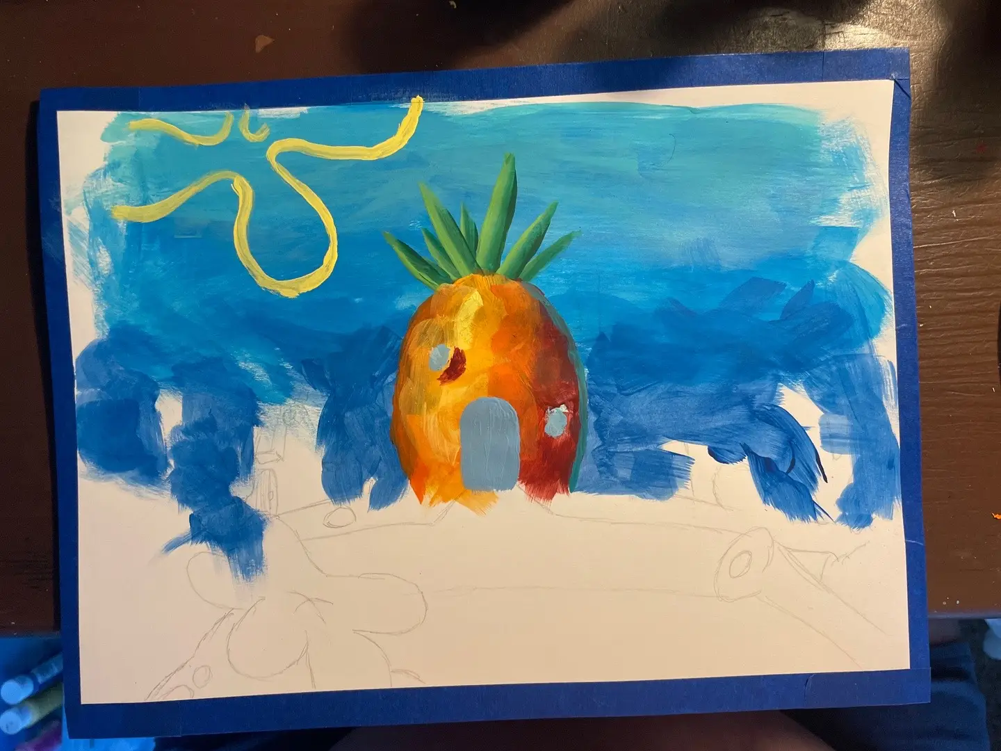 Decided to paint the opening shot from the SpongeBob Squarepants thene song - Acryllic Paint - 9x12 #spongebob #nickelodeon #paintingart #paint #traditionalart #cartoon