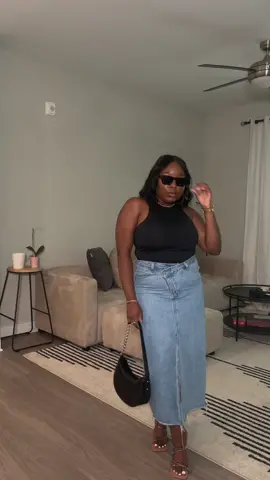 Denim maxi skirts are my new favorite  #denimskirtoutfit #blackgirlcontentcreator #blackgirltiktok #bodysuitoutfit #summeroutfitideas #minimalstyleoutfit #maxidenimskirt #ootdinspodaily 