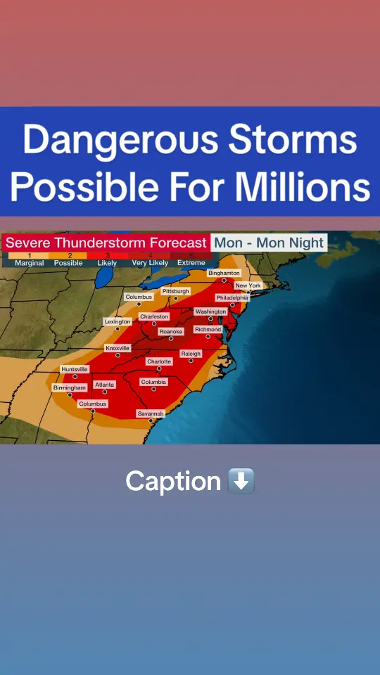 An outbreak of severe storms is expected in the East and South on Monday, August 7. Severe weather is most likely from northern Alabama, northern and central Georgia and much of South Carolina northward to the mid-Atlantic, as depicted by the areas shaded red in the map below. That includes Atlanta, Baltimore, Charlotte, Philadelphia and Washington, D.C. Some of the severe weather could reach as far north as New York City and upstate New York. Destructive straight-line winds will topple trees and knock out power. The storms might also produce large hail, flash flooding and isolated tornadoes. Stay with weather.com and The Weather Channel app for continuing coverage all day. #weather #weathertok #severeweather #storms #news #maps #fyp #foryou 