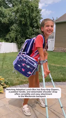 Introducing @PotteryBarnKids Adaptive Backpacks and Lunch Boxes 💜✨ #ad  With Easy-Grab Zipper Pulls, Dual-Suspension Loops for mounting the backpack to a wheelchair, and a main compartment that opens fully for the easiest access to all contents! 🦽  Available to be personalized, in a variety of prints, and with the matching Adaptive Lunch Box! ✏️ #lovemypbk #pbkpartner 