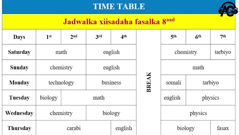 sida time table loogu sameeyo Ms Word 