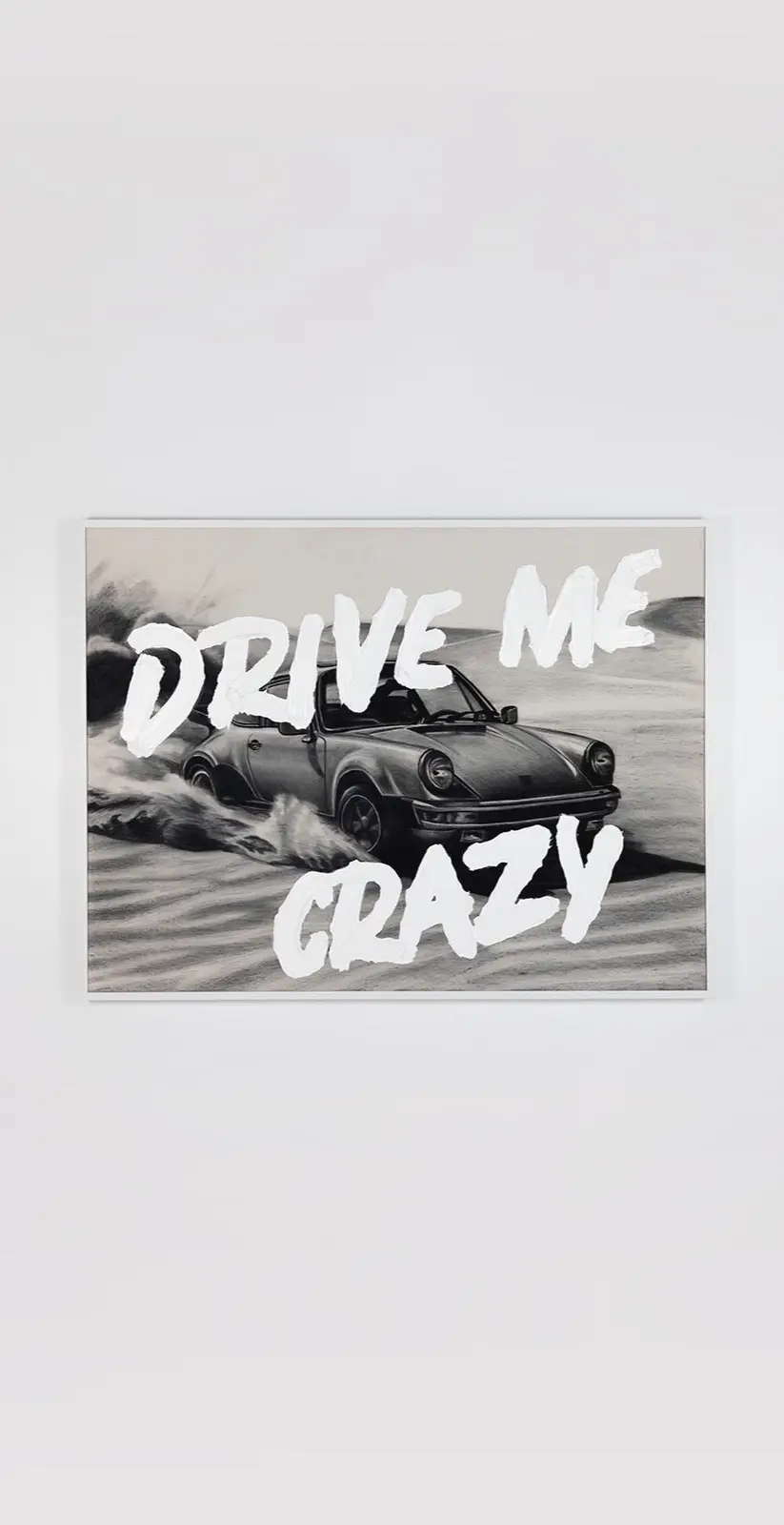DRIVE ME CRAZY will be on auction from Saturday 12 Aug 12:00am AEST - Sunday 13 Aug 11:59PM AEST What I love most about this drawing (other than the sexy 70’s Porsche 911) is the way the sand is caught flying in mid motion.  I’m surprised I nailed it because drawing sand isn’t easy. This drawing was made using Willow charcoal on raw cotton canvas before adding a thick layer of white acrylic paint for the words. It comes framed in a whitewashed Tasmanian Oak frame with gallery mounts and wire system, ready to be hung in a new home. The total size is 160 x 120cm / 63 x 47 in A hand signed certificate of authenticity is included. All costs for shipping worldwide, packaging and handling are covered by me (excluding customs fees if applicable) You can register to take part in the auction by heading to my Instagram page and clicking on the link ‘DRIVE ME CRAZY auction’ The starting price is $3500 AUD and bids will be placed in $100 AUD increments #wernerbronkhorst