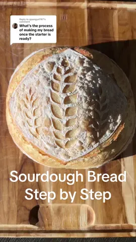 Replying to @spamgurl787  My go to sourdough bread recipe! Step by step guide to make your first sourdough loaves! ☺️ R E C I P E :  1000g bread flour 200g active sourdough starter 750g water 22g salt **this recipe yields two loaves of bread**  d o u g h : Mix active sourdough starter and water in a large bowl.  Add salt and gently mix. Add in bread flour and mix until all of the flour is fully hydrated (3-5min).  Rest covered with a damp dish towel for 1 hour.  f o l d  &  s h a p e :  Stretch and fold the dough 4 times every 30 minutes over 2 hours. Cover the dough with a damp dish towel between every stretch and fold.  After 2 hours of stretch and folds rest dough for approximately 1 hour ( you may need longer depending on the temperature of your home and how active your starter is)  Flip dough out of your bowl on the counter and divide your dough into two equal pieces.  Shape dough pieces and place in a banneton covered in the fridge overnight.  b a k i n g: The next morning preheat oven with a dutch oven inside at 450f° for 45min-1hour. Remove dough from the fridge and score.  Place loaf in the preheated dutch oven with the lid on for 20 min.  Remove the dutch oven lid. Turn oven down to 400f and bake the bread for an additional 10-20 min until golden brown.  Wait to cool before cutting.  Enjoy! #sourdough #sourdoughrecipe #easysourdough #sourdoughstarter 