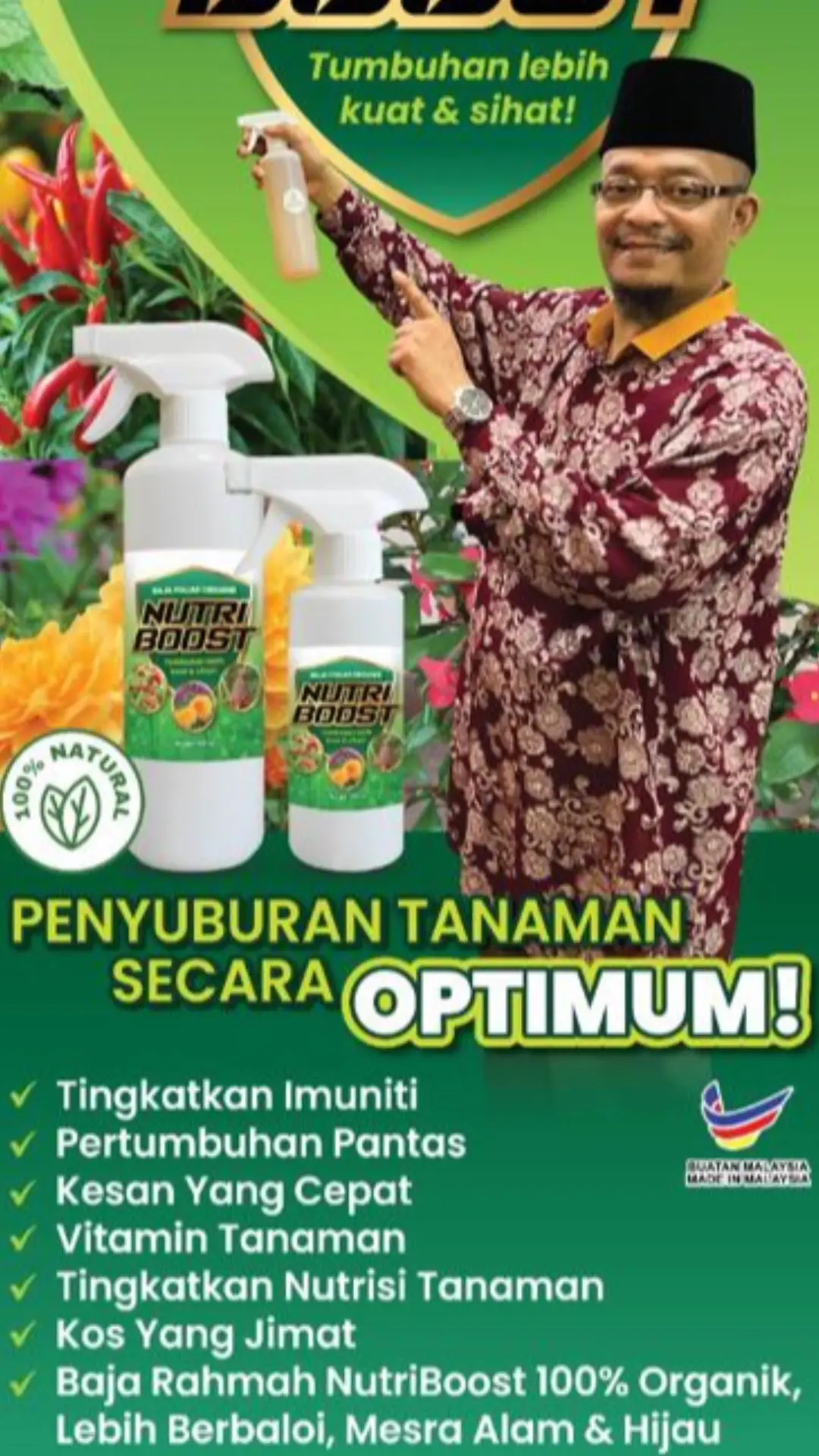 🌱🌿💰Baja Rahmah NutriBoost 100% Organik, Lebih Berbaloi , Mesra Alam & Hijau. 🌱 Kuasai Kehebatan Semulajadi dengan Semburan Foliar Organik NutriBoost! 🌱 🌿 Manfaat Utama: 🌿 💪 Kekuatan Imuniti Tumbuhan Ditingkatkan: Formula organik berkesan NutriBoost mengukuhkan tumbuhan anda, menjadikannya lebih tahan terhadap serangga, penyakit, dan tekanan alam sekitar. 🌾 Penyerapan Nutrien Ditingkatkan: Saksikan tumbuhan anda berkembang dengan subur kerana formula canggih NutriBoost meningkatkan penyerapan nutrien, menghasilkan daun lebat dan hasil yang melimpah. 🌱 Keunggulan Organik: Berikan kebaikan alam semula jadi kepada tumbuhan anda dengan campuran organik kami, mempromosikan pertumbuhan yang lebih sihat tanpa menggunakan bahan kimia berbahaya. 🌞 Legakan Tekanan: Lindungi tumbuhan anda daripada cabaran perubahan cuaca dan galakkan pertumbuhan yang mantap dengan sifat penenangan NutriBoost. 🍃 Penggunaan Mudah: Capai hasil profesional dengan penggunaan yang mudah. NutriBoost direka untuk kegunaan yang mudah, memastikan liputan yang sekata dan keberkesanan maksimum. Baja sudah siap bancuh, boleh guna terus.  🌍 Mesra Alam: Sertai pergerakan menuju ke arah pertanian lestari. NutriBoost mesra alam, membolehkan anda menjaga tumbuhan dan planet secara serentak. 🌼 Sesuai untuk Semua Jenis Tumbuhan: Dari tumbuhan hiasan hingga tumbuhan makanan, NutriBoost sesuai untuk pelbagai jenis tumbuhan, menjadikannya penambahan penting dalam alat perkakas setiap ahli kebun. 🔥 Buka Potensi Taman Anda dengan Semburan Foliar Organik NutriBoost! 🔥 Ubah pengalaman berkebun anda hari ini dan saksikan transformasi luar biasa dalam kesihatan dan vitaliti tumbuhan anda. Ucapkan selamat tinggal kepada pertumbuhan yang malap dan sambutlah taman yang penuh kekuatan dan keindahan. Cuba NutriBoost sekarang dan kembangkan oase yang berkembang dan tahan lama yang anda akan bangga miliki! 🛒 Beli Sekarang dan Layan Kekuatan Pemakanan Semulajadi Alam:  [http://wa.me/60143228173‬](http://wa.me/60143228173%E2%80%AC) [Penafian: Keputusan mungkin berbeza berdasarkan jenis tumbuhan dan amalan penjagaan. Sentiasa ikuti arahan pada label atau PM pasukan kami untuk maklumat lanjut] :) #PertanianOrganik #TumbuhanSihat #UjianTanah #agropintar #perkhidmatanagropintar #petani #agriculture #fyp #farmer #tanaman #sayur #bunga #baja #bajaorganik #tanah #bunga #agronomi #sawit #pintarf1 #nutriboost #drck #BajaRahmah #hargamampumilik 