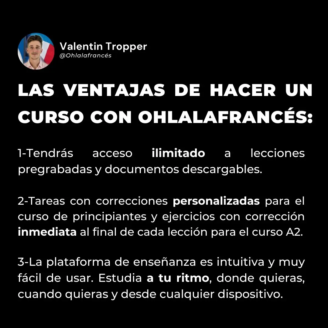 💥 Oferta exclusiva: ¡30% de descuento en nuestros cursos de francés para principiantes y nivel A2! 🇫🇷✨ 🎉 ¿Hablas francés? ¡No pierdas esta oportunidad de mejorar tus conocimientos del idioma a un precio excepcional! 📚✨ Nuestros cursos están diseñados para principiantes y para aquellos con un nivel A2, ¡y te ofrecemos un INCREÍBLE descuento del 30% sólo por tiempo limitado! ⏳🔥 🚀 Y lo que es más, ¡es UN SOLO PAGO! Una vez que te hayas registrado, tendrás ACCESO ILIMITADO a todas las lecciones y documentos descargables. 📔💻 Se acabaron las preocupaciones por las cuotas mensuales: es la oportunidad perfecta para invertir en tu futuro lingüístico ¡SIN ESPERAR! 🔔 No dejes escapar la oportunidad. ¡Haz clic en el enlace de nuestra bio para obtener más información e inscríbete hoy mismo! 📲 #cursodefrances #aprenderfrances #aprenderidiomas  