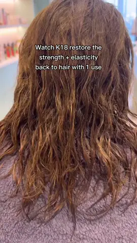 From stretchy to strong with 1 treatment The molecular repair service (K18 mist + mask) gives you 2 applications of the biomimetic hair repairing peptide. The K18PEPTIDE™ restores hair by mimicking its internal structure to reconnect broken polypeptide chains and disulfide bonds deep inside the hair fiber. Transformation by @Rehab Salon & Spa  #k18results #k18results #hairtransformation #hair #damagedhair 