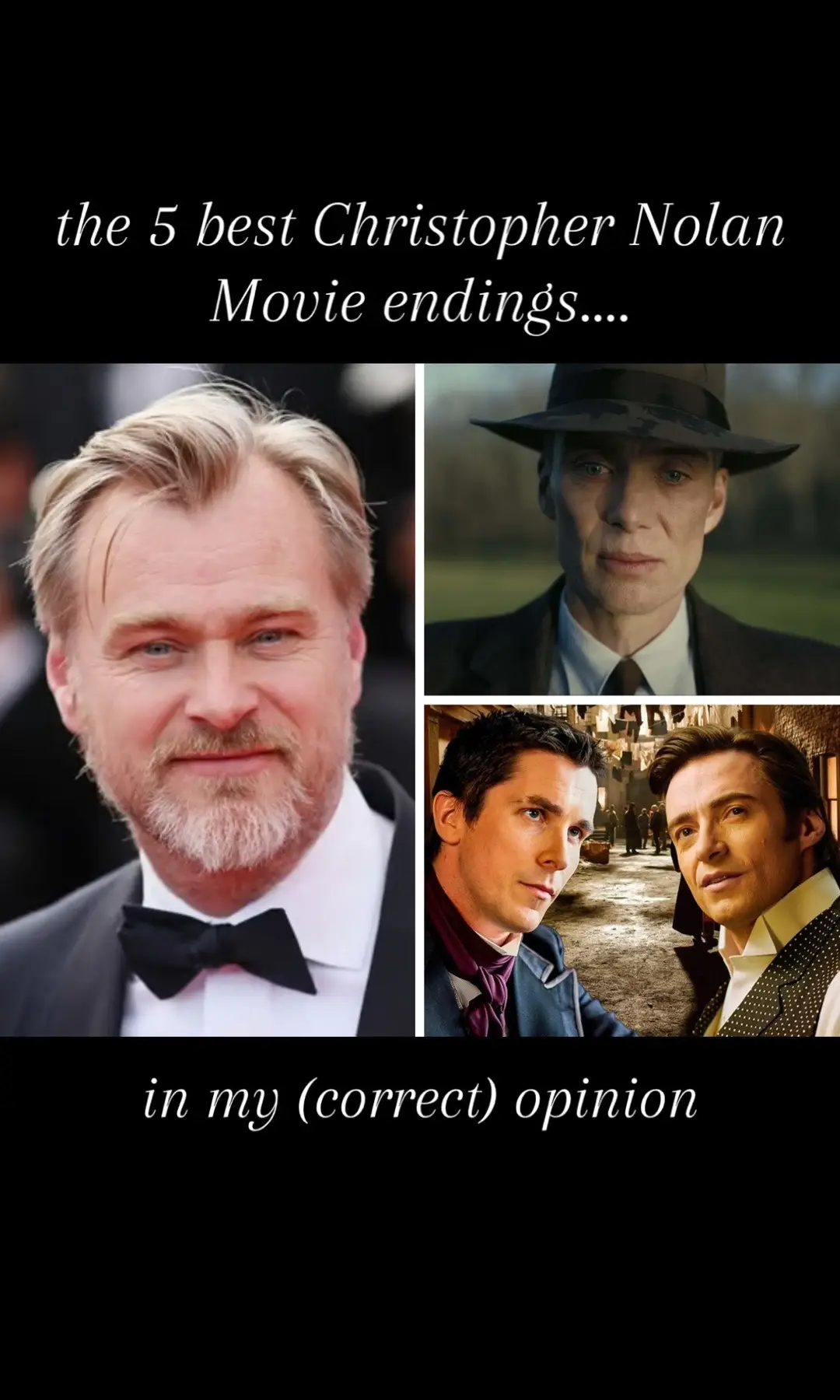 Christopher nolan has some of the most memorable movie endings of all time. Heres my top 5. Whats youe favorite?  #christophernolan #oppenheimermovie #inception #inceptionmovie #theprestige #memento #thedarkknight 