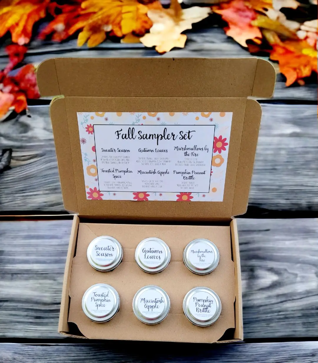 Fall Sampler pack with pur top selling fragrances! Six 2 ounce tins will take you right to fall 🍄🍂🎃#fall #candle #candles #candleshop #handcraft #handcrafted #SmallBusiness #smallbusinesscheck 