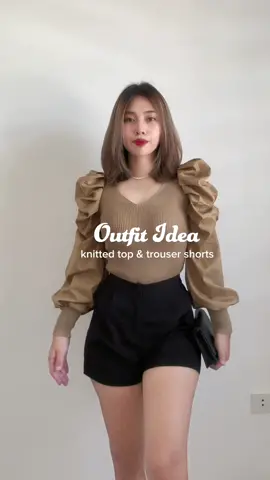 simple yet classy outfit idea🤎#puffsleevetop #pufflongsleevetop #longsleeve #knittedlongsleeve #fyp #fypシ #tiktokrecosbyaeriel #trousershorts #trousershort 