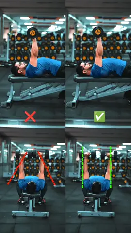 Chest press mistakes and corrections. This video shows the correct way to perform a dumbbell chest press. ❌ Do not lift your neck during the movement. This may cause unwanted spasms during heavy lifts. ❌ Do not move dumbbells in a circular pathway. This doesn't match against the resistance of the pull of gravity. ✅ Keep your head stable and body completely tight to generate maximal pushing force. ✅ Push the dumbbells up in a straight line in line with your shoulder joint axis. This ensures constant tension on the chest muscles. #chest #chestworkout #chestpress #workout #exercise #chestexercises #chestpump