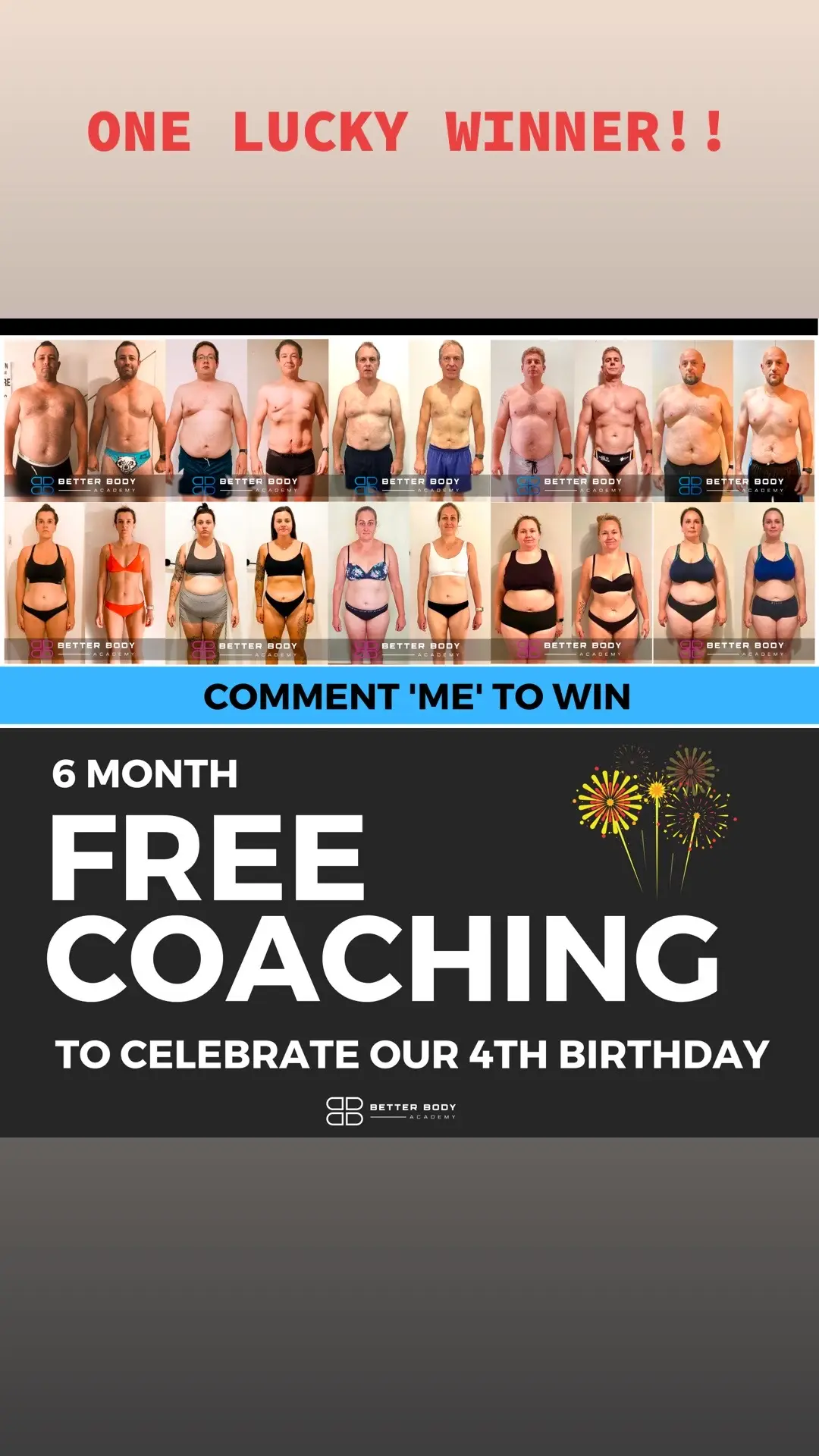 FREE FREE FREE Feeling generous!!! We are giving away ONE LUCKY WINNER a 6 Month Transformation Prize. comment “ME” to win. #Freebie #Giveaway #LuckyWinner #WeightLoss #FemaleTransformation #OnlineCoaching #PersonalTraining #FitnessMotivationAndTips