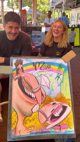 This is a fun Maui Honeymoon caricature I drew at my spot in Lahaina before the fire. I will miss the town of Lahaina so much.  I am moving to Waikiki soon and I’ll be drawing at the Gallery in Waikiki! 🌈 They’re my favorite gallery in Hawaii and I’m so excited to be a part of their fam!