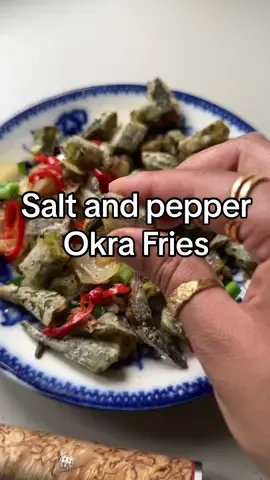 Okra is soooo underrated.  Serves 2 (they are very addictive you could eat it all by yourself) 250g okra 50g cornflor 1 onion  4 cloves garlic  1 red chilli  Spring onion  Spice mix  1 tsp MSG 1 Tsp Sugar 1/2 tsp salt  1 Tsp Ground White Pepper ½ Tsp Garlic Powder ½ Tsp Onion Powder 1/2 tsp Chilli powder Pinch of Sichuan Powder Vegetable Oil for deep frying Method Chop up the okra into small bite sized pieces.  Chop up the onion and spring onion, slice the chilli and finely chop the garlic.  Mix all the ingredients for the spice mix Add the okra to a bowl with the corn flour and 3 tbsp of water. Toss very well, you want a slightly dry batter.  Heat up your deep frying oil to medium and fry the okra in batches for 3 - 4 mins until crisp. If you want it even crispier, heat the oil to high and fry again for 30 secs.  Heat up a wok to high and add in a glug of oil. Fry the onion, garlic, chilli and spring onions for a few minutes then add in the fried okra. Sprinkle a generous amount of the spice mix, you may not want it all - taste as you go. Toss well.  Serve hot. 